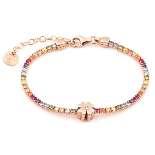 Bracciale tennis quadrifoglio in argento 925 placcato oro rosa con zirconi rainbow