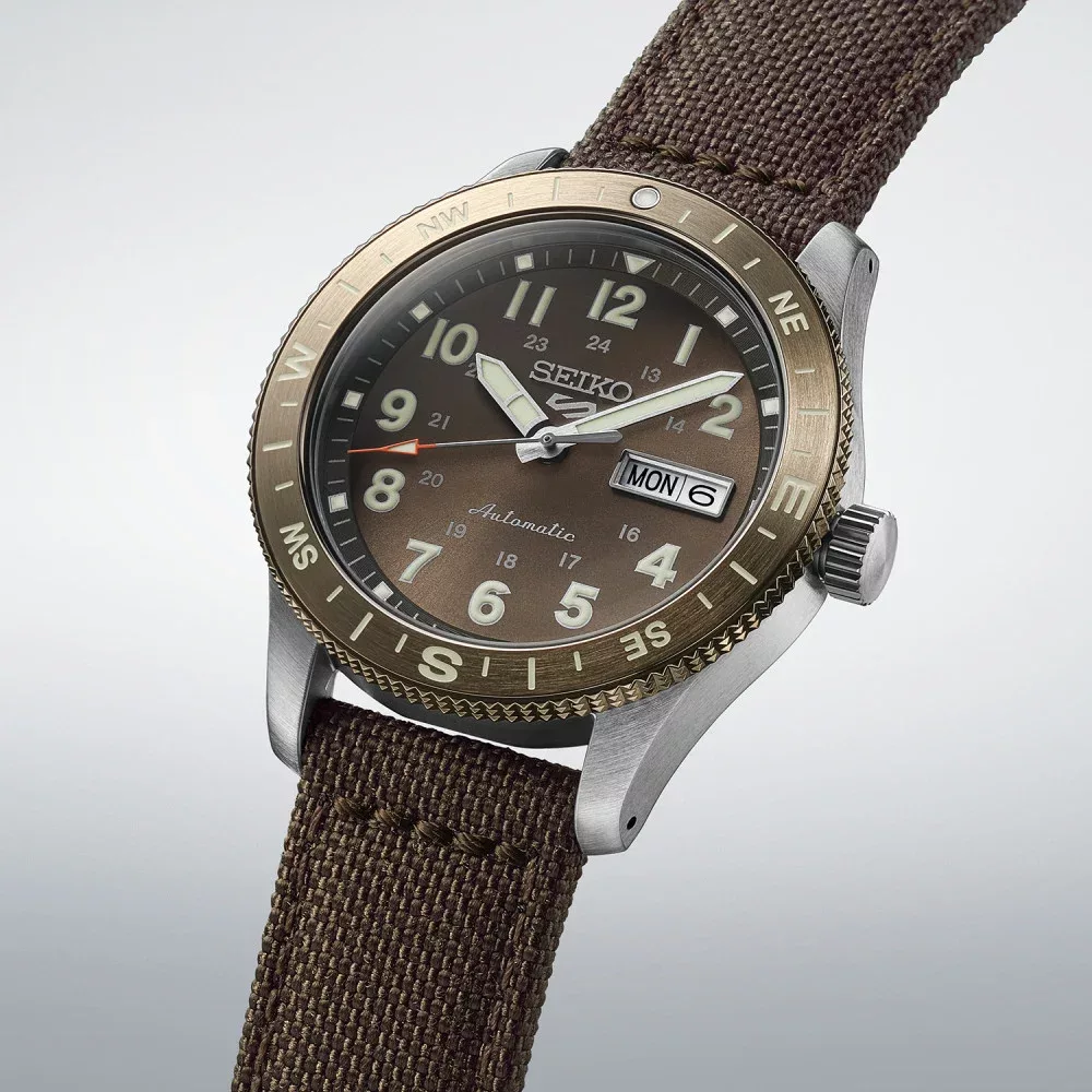 Men s watch automatic movement 3 hands date day brown dial nylon strap 1