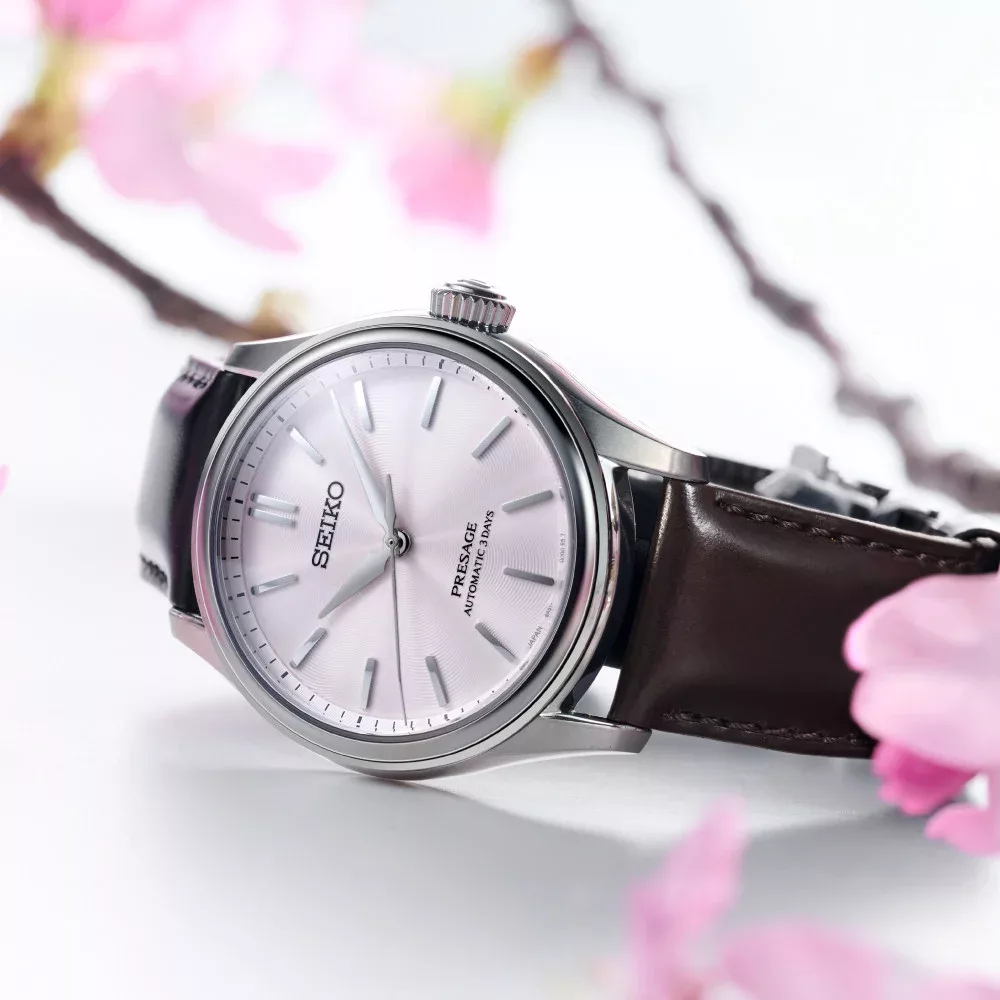Orologio automatico presage classic series quadrante motivo seta giapponese rosa cinturino pelle 1