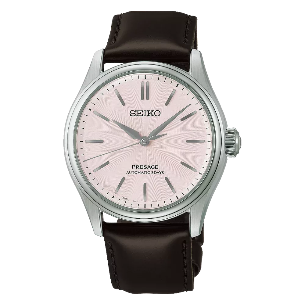 Orologio automatico presage classic series quadrante motivo seta giapponese rosa cinturino pelle