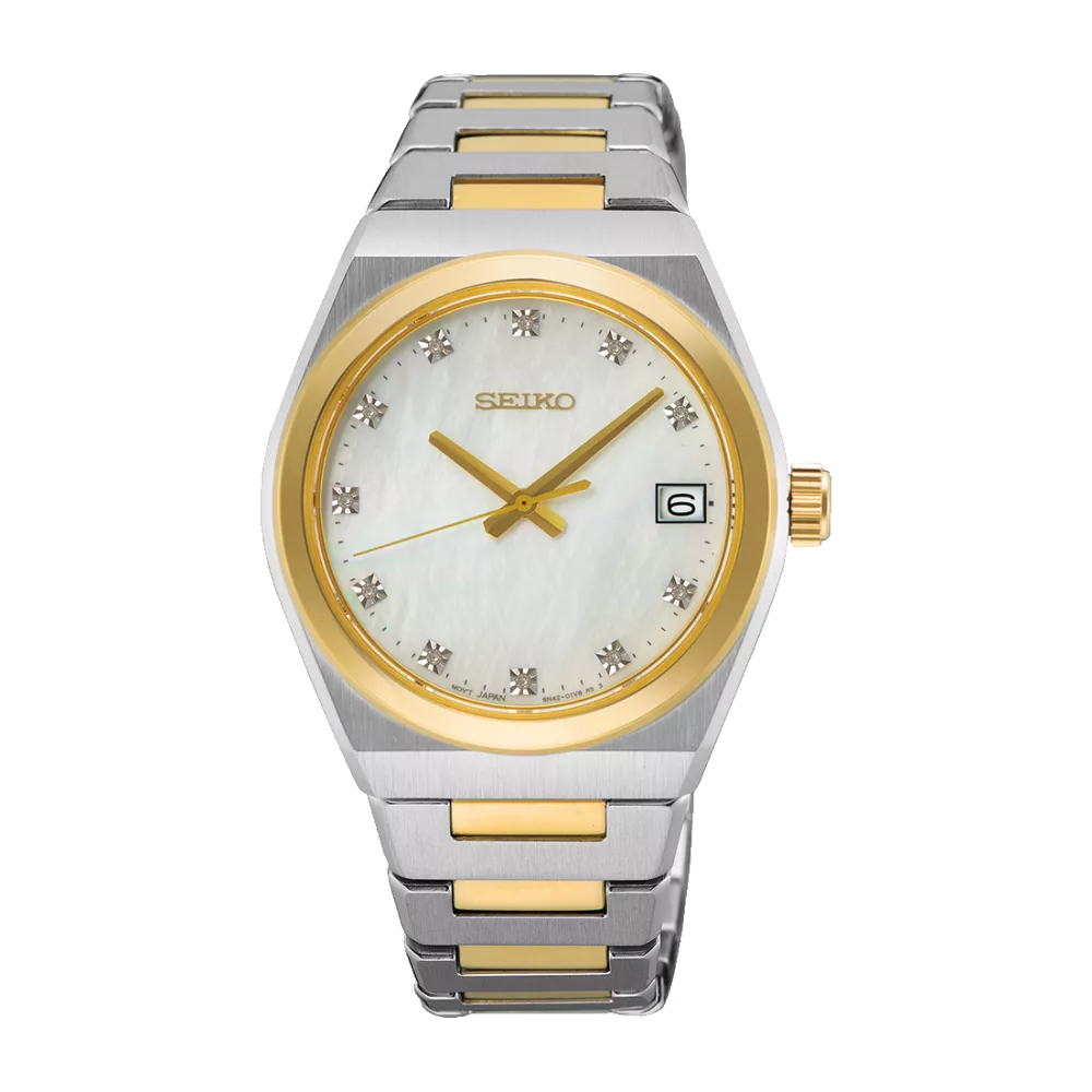 Orologio classic donna quarzo acciaio inossidabile vetro zaffiro madreperla diamanti color oro giallo bicolore