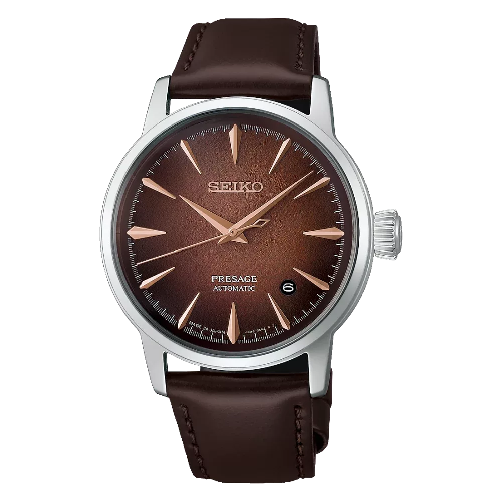 Orologio uomo presage automatico quadrante cocktail marrone 3 sfere data